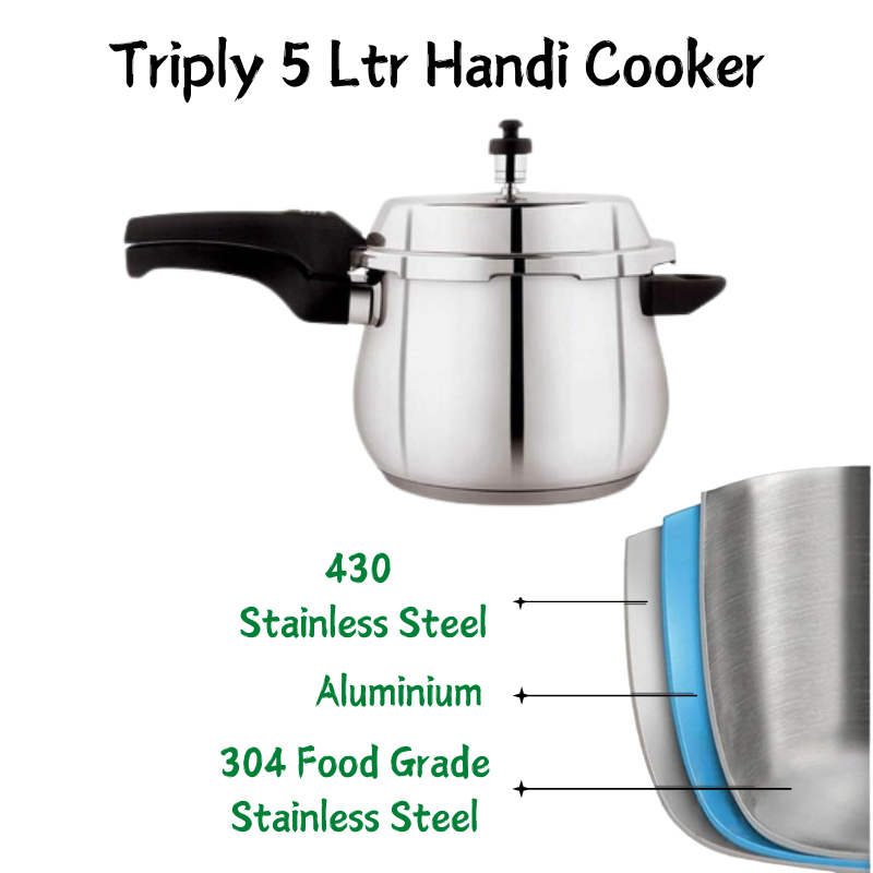 Triply Stainless Steel Handi Cooker 5L | Induction Friendly - Agroshoppy